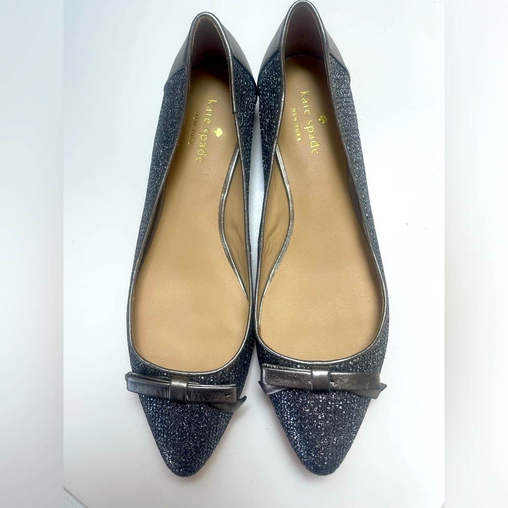 Kate Spade Metallic Silver Glitter Bow Flat